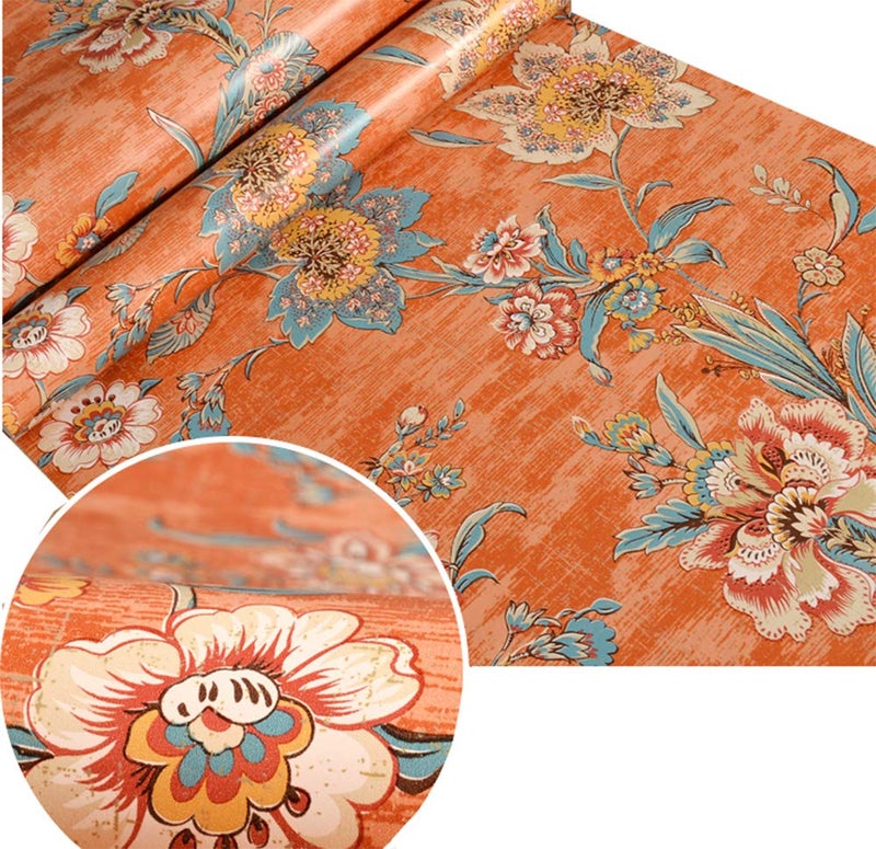 TAOGIFT Peel and Stick Vintage Floral Wallpaper Self Adhesive Non-Woven Flower Contact Paper Kitchen Bathroom Backsplash Wall Paper Mural Sticker (Orange, 20.86inx9.8ft) - Image 2